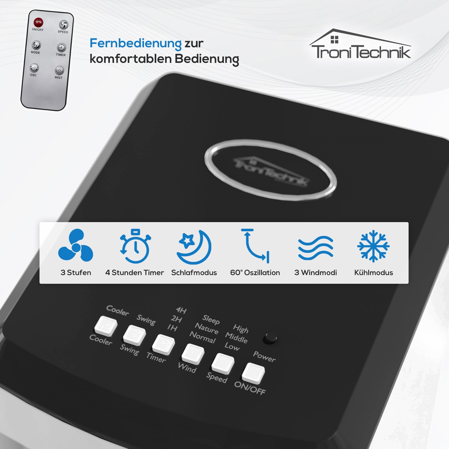 TroniTechnik® Mobiles Klimagerät 4in1 Klimaanlage Luftkühler LK03 Ventilator, inkl. Fernbedienung, Filter, 3in1 Air Cooler