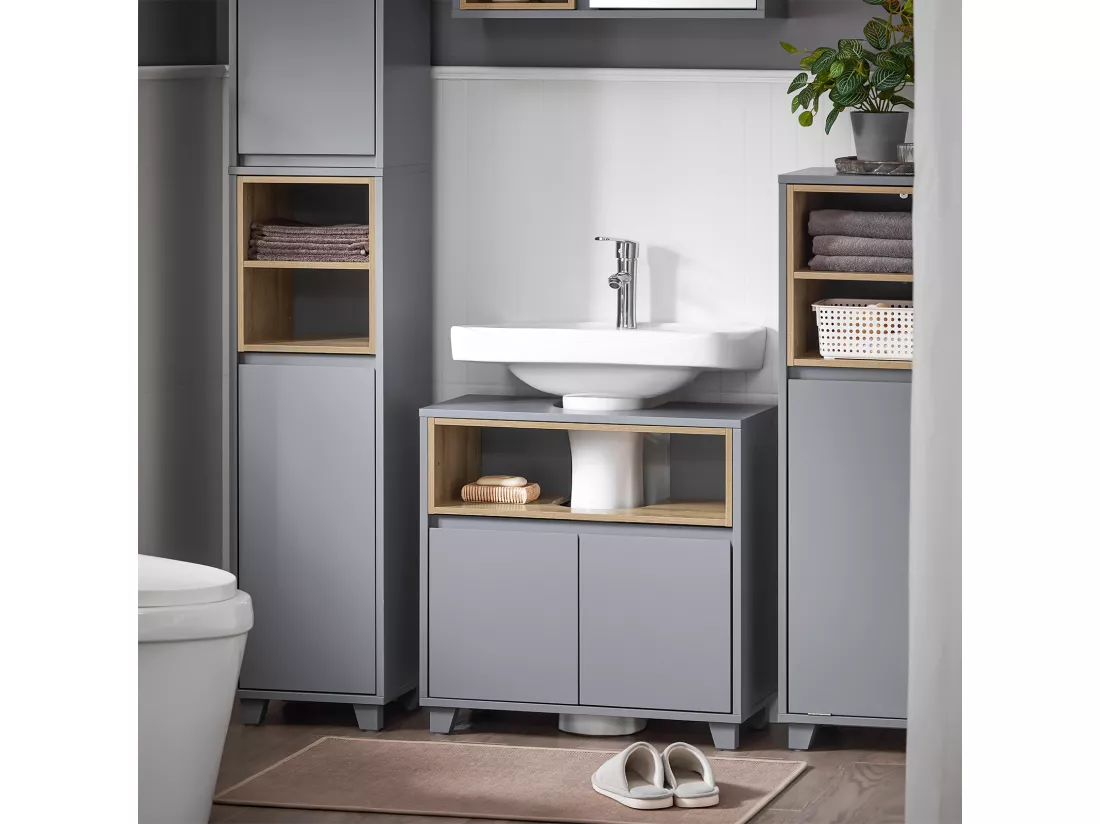 SoBuy BZR148-DG Meuble sous Lavabo de Salle de Bain, Meuble sous Vasque à 2 Portes, Placard Armoire de Rangement Meuble évier de Cuisine, L60 x P30 x H61 cm, Gris