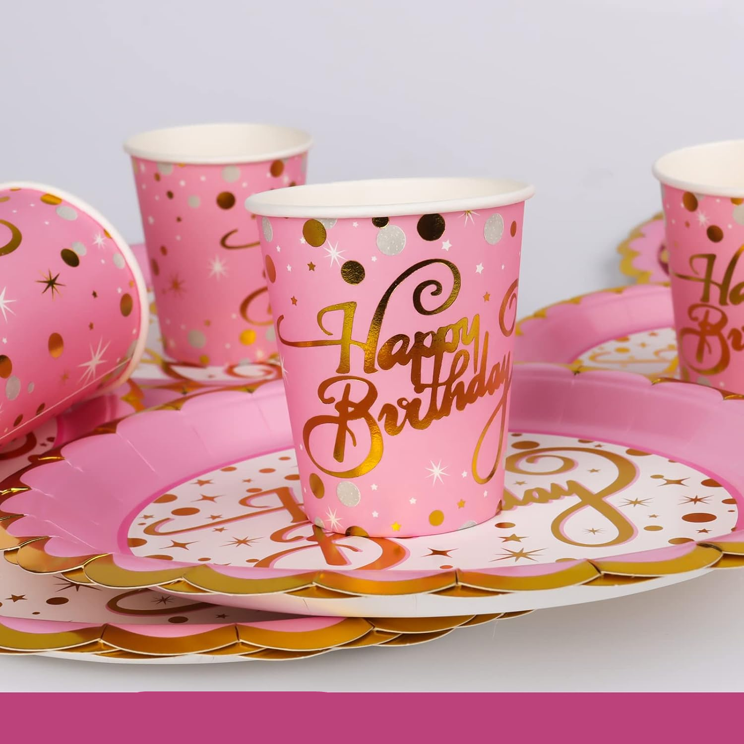 (30-tlg. Set) Happy Birthday Einweg Geschirr Geburtstags Party Tisch Deko - Rosa / Gold