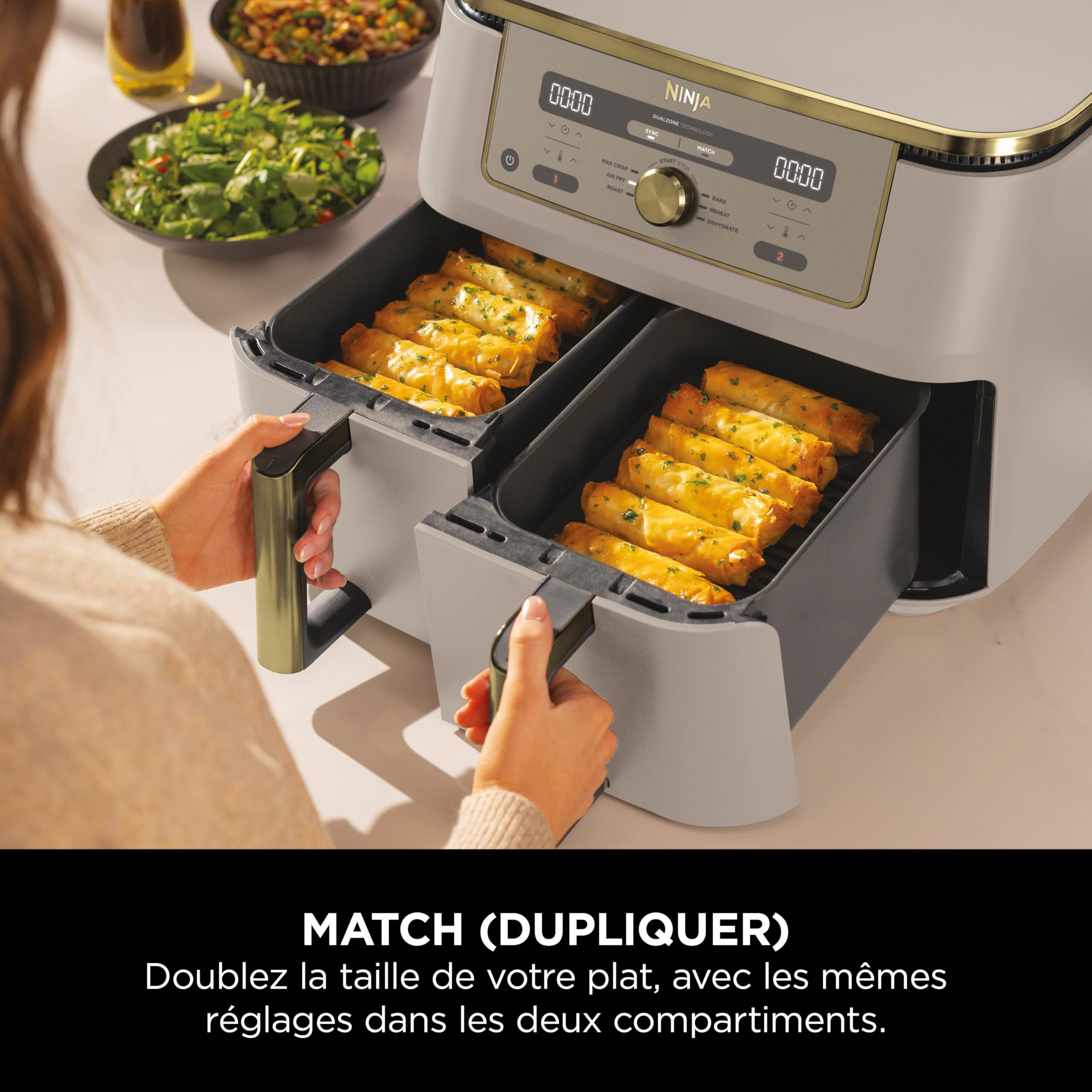 NINJA Dual Zone Max Air Fryer 2 Compartiments, Capacité Familiale de 9,5L, Max 240°C, Air Fryer 6-en1, Pièces Antiadésives Amovibles Lavables Au Lave-