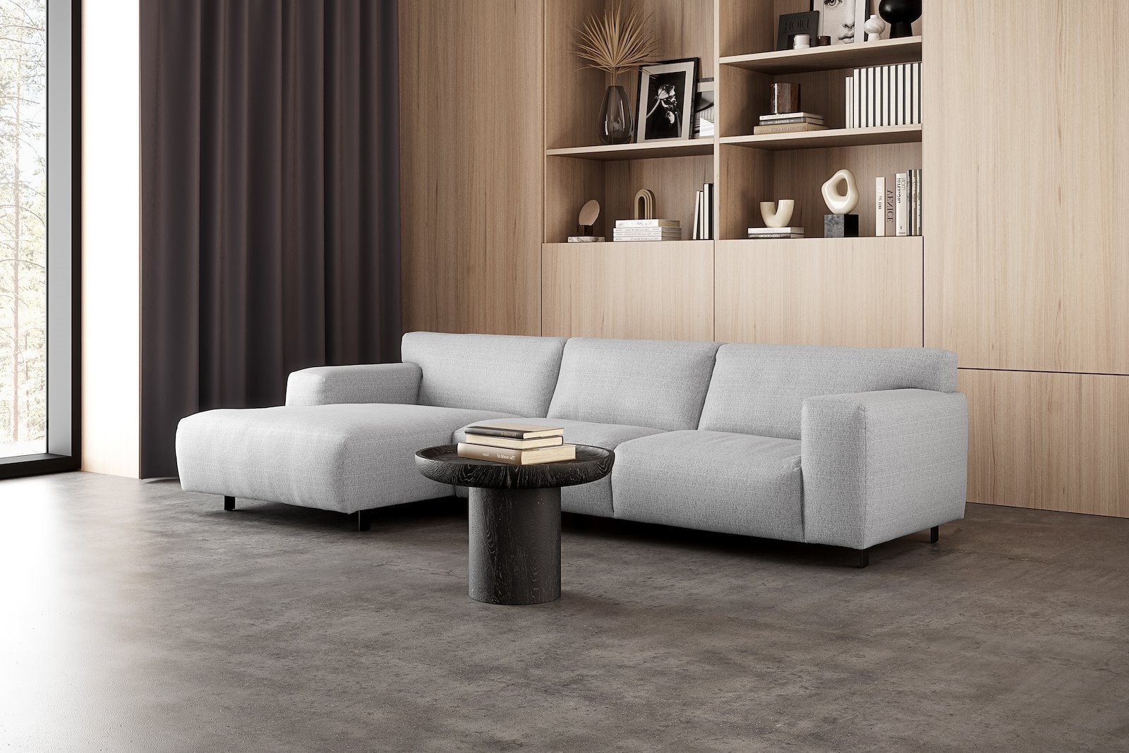 Vesta 2,5-seter med sjeselong venstre I Tekstil Cortina Silver, standardsøm, sort metallben 10 cm, Comfort CM