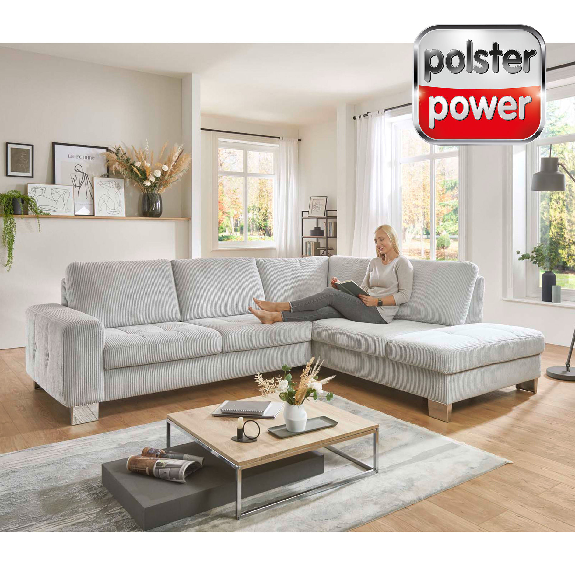 polsterpower Ecksofa - silver - Cord - Basismodell - Staukasten rechts