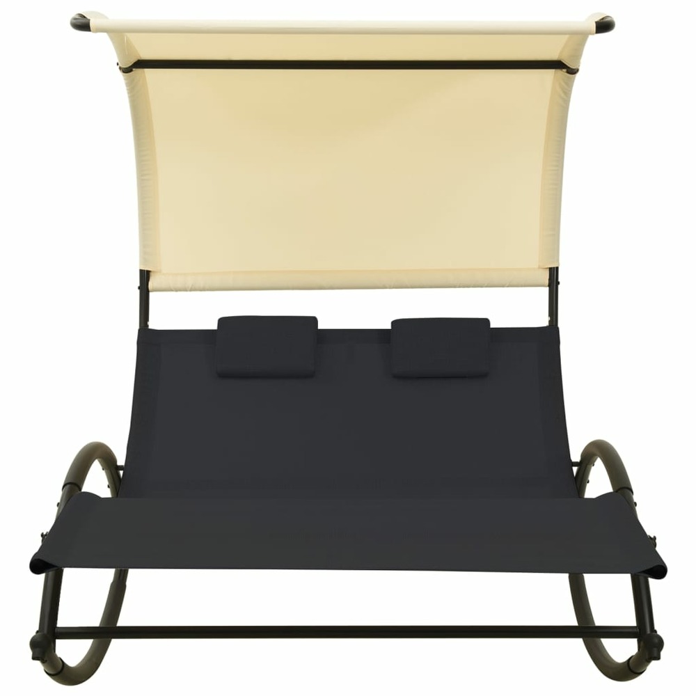 Transat chaise longue bain de soleil lit de jardin terrasse meuble d'extérieur double avec auvent textilène noir et crème 02_