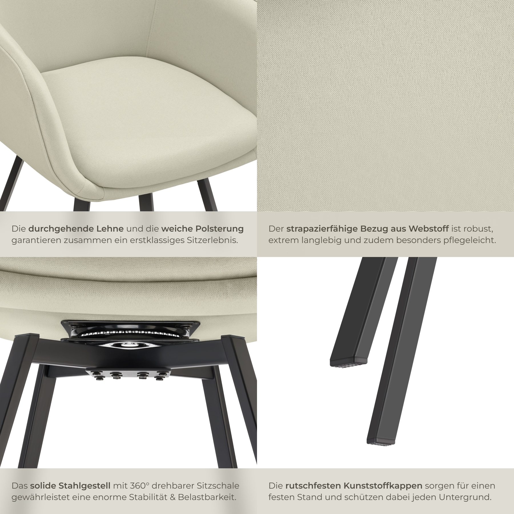 tectake® Drehbarer Armlehnstuhl , gepolstert, 360° drehbar, pulverbeschichtete Stahlbeine, 57 x 59 x 88 cm