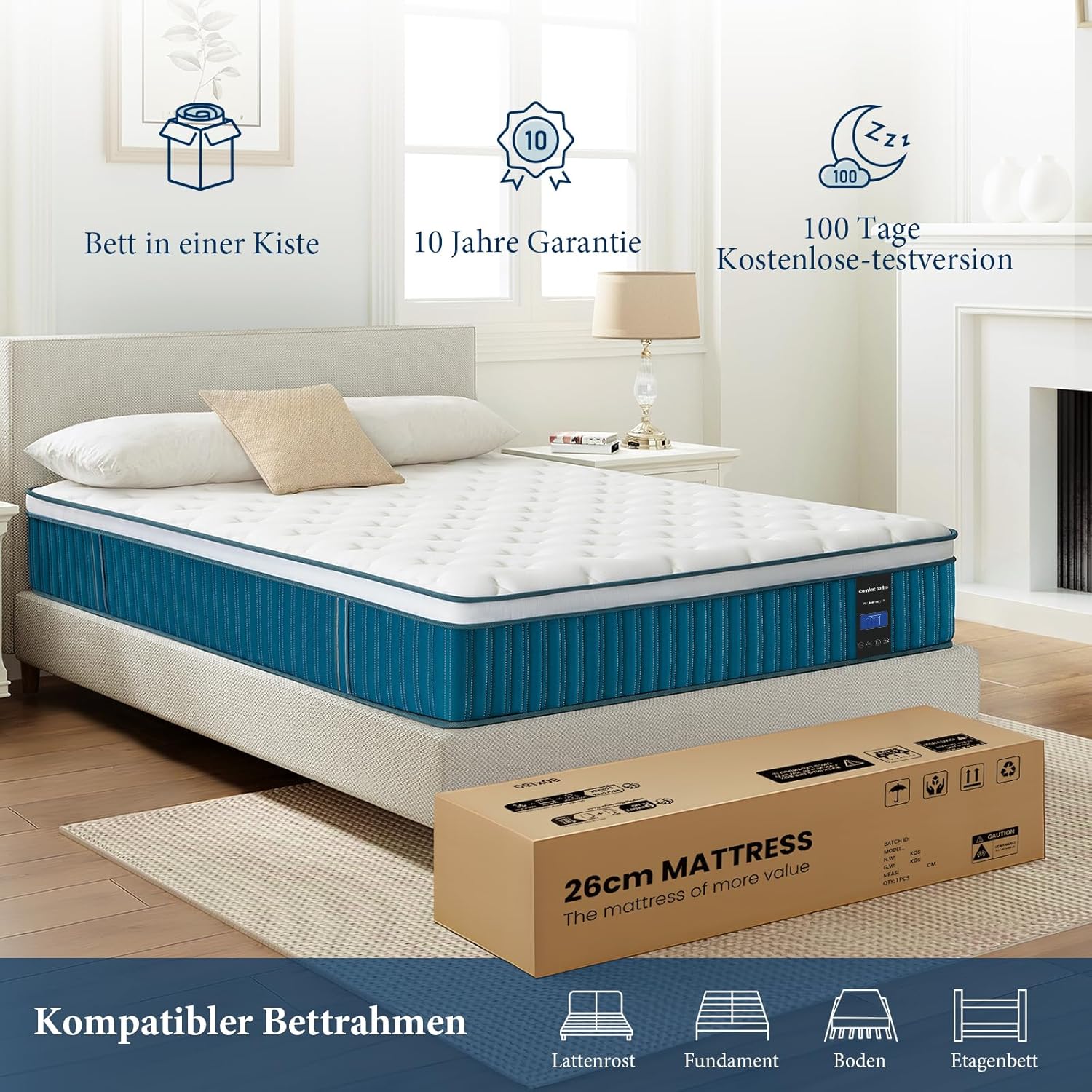 Coolvie Matratze 160 x 200 cm in der Box, 7-Zonen Härtegrad H2 & H3, 26cm orthopädische Taschenfederkernmatratze mit rückenentlastendem Memory-Schaum, Oeko-TEX Zertifiziert für Kinder und Erwachsene