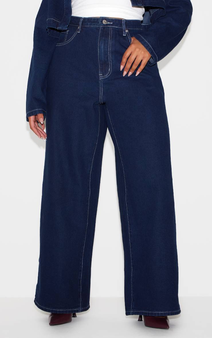 Bleu Indigo Jean Grande Taille À Jambes Larges Avec Coutures Contrastantes