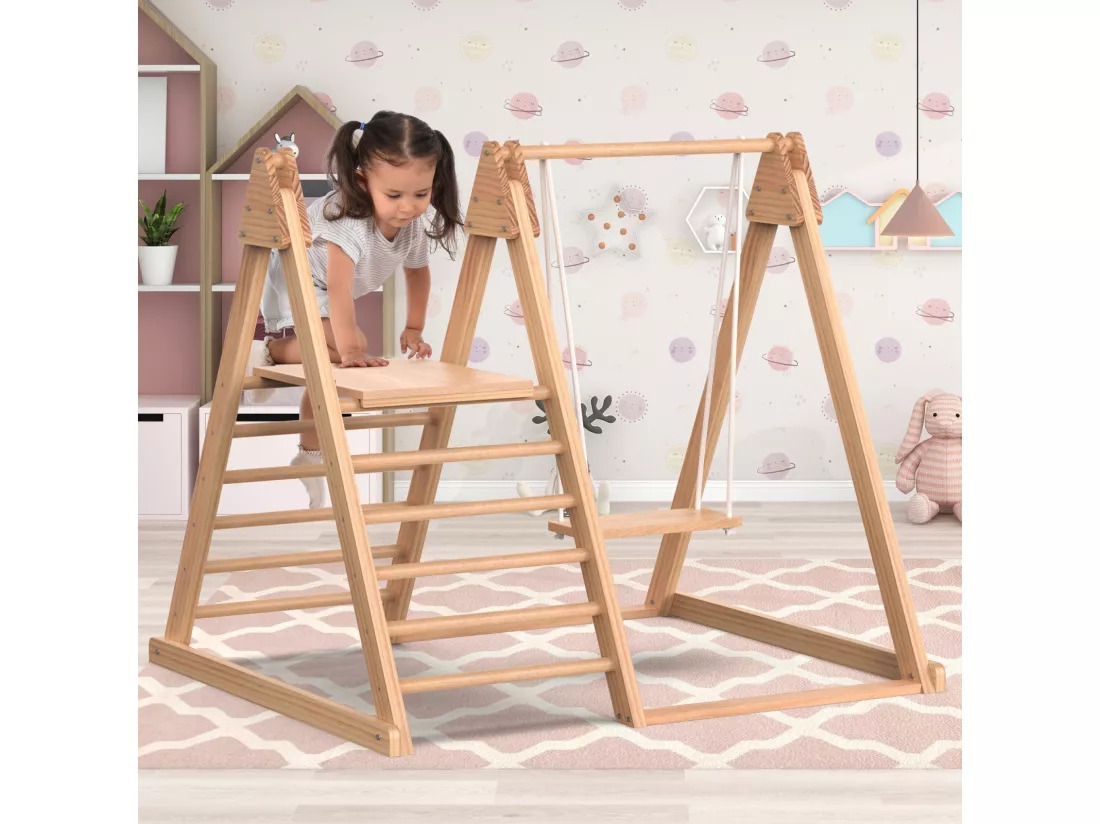 Aire de jeux en bois 3 en 1 pour enfants - Avec toboggan, balançoire, échelle - En pin massif