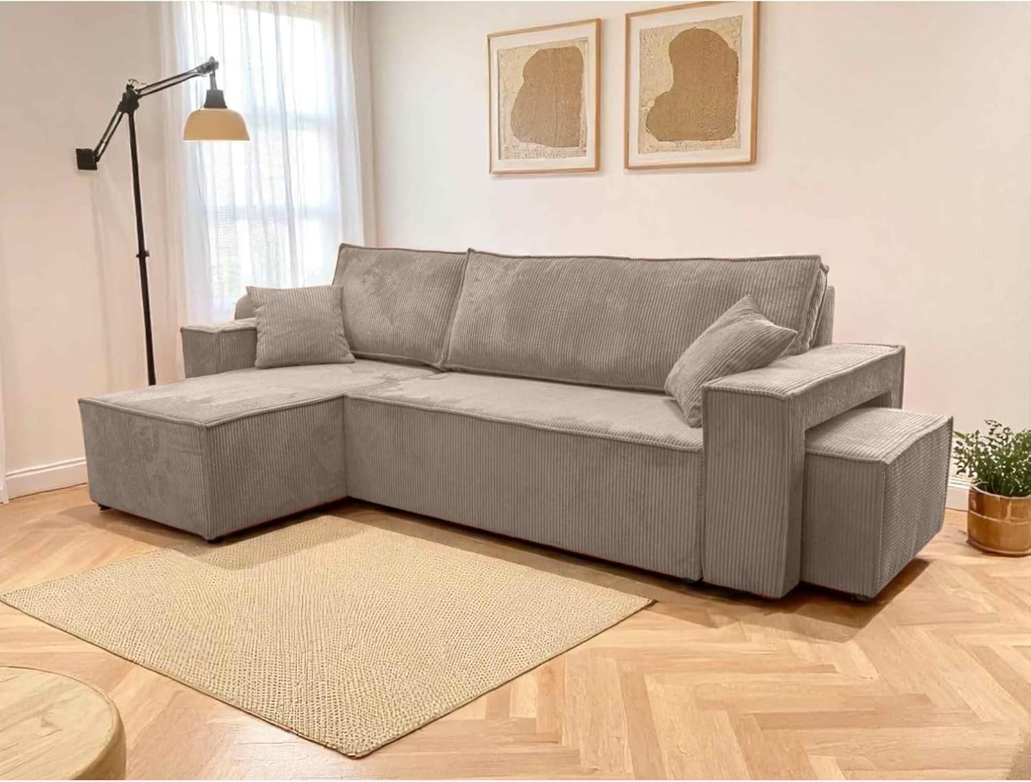 LOUNGITUDE Canapé Farah d'angle réversible et Convertible 4 Places avec Un Pouf en Velours côtelé HV1827501