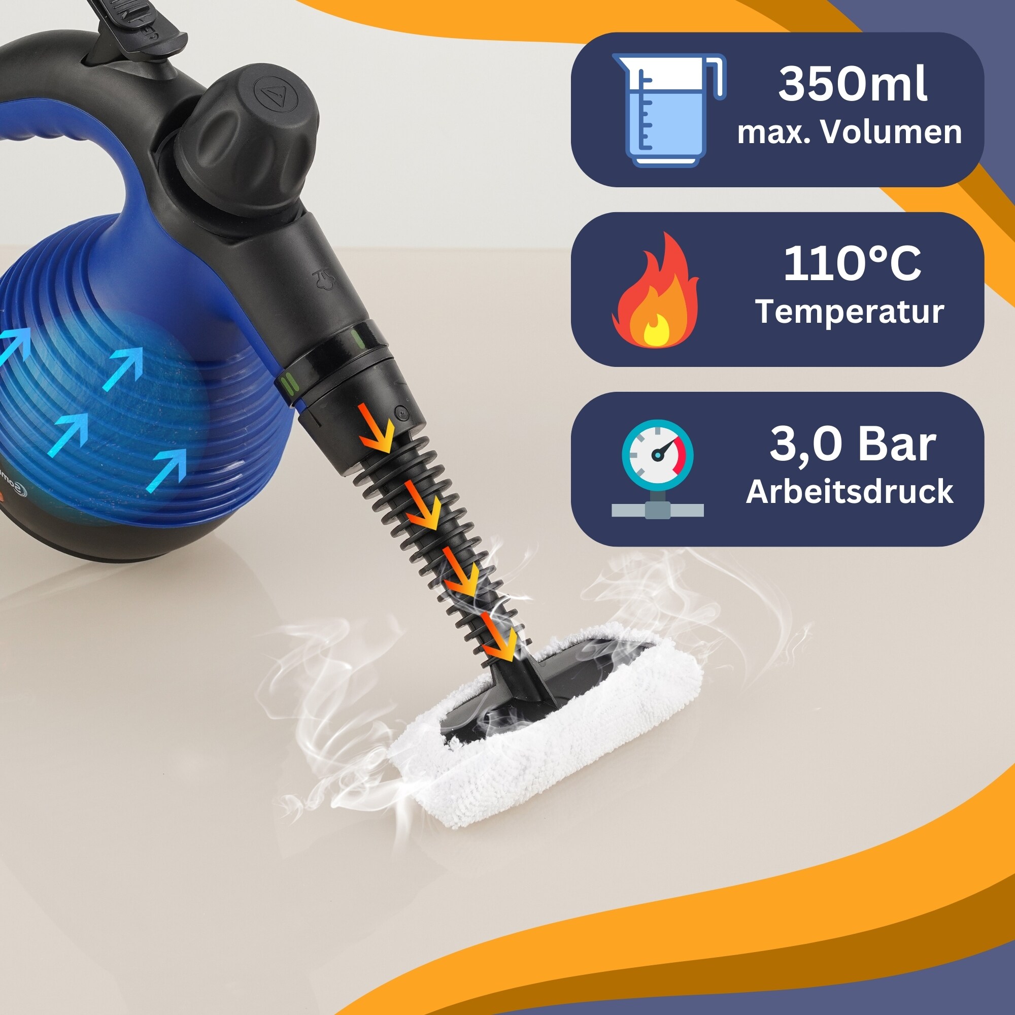 Sommertal Dampfreiniger Handgerät SC350 – Kompakter Hand-Dampfreiniger für alles – Polstermöbel, Fliesen, Böden, uvm – Steam Cleaner mit 350 ml Tank, 110°C Dampf, 3 Bar Druck
