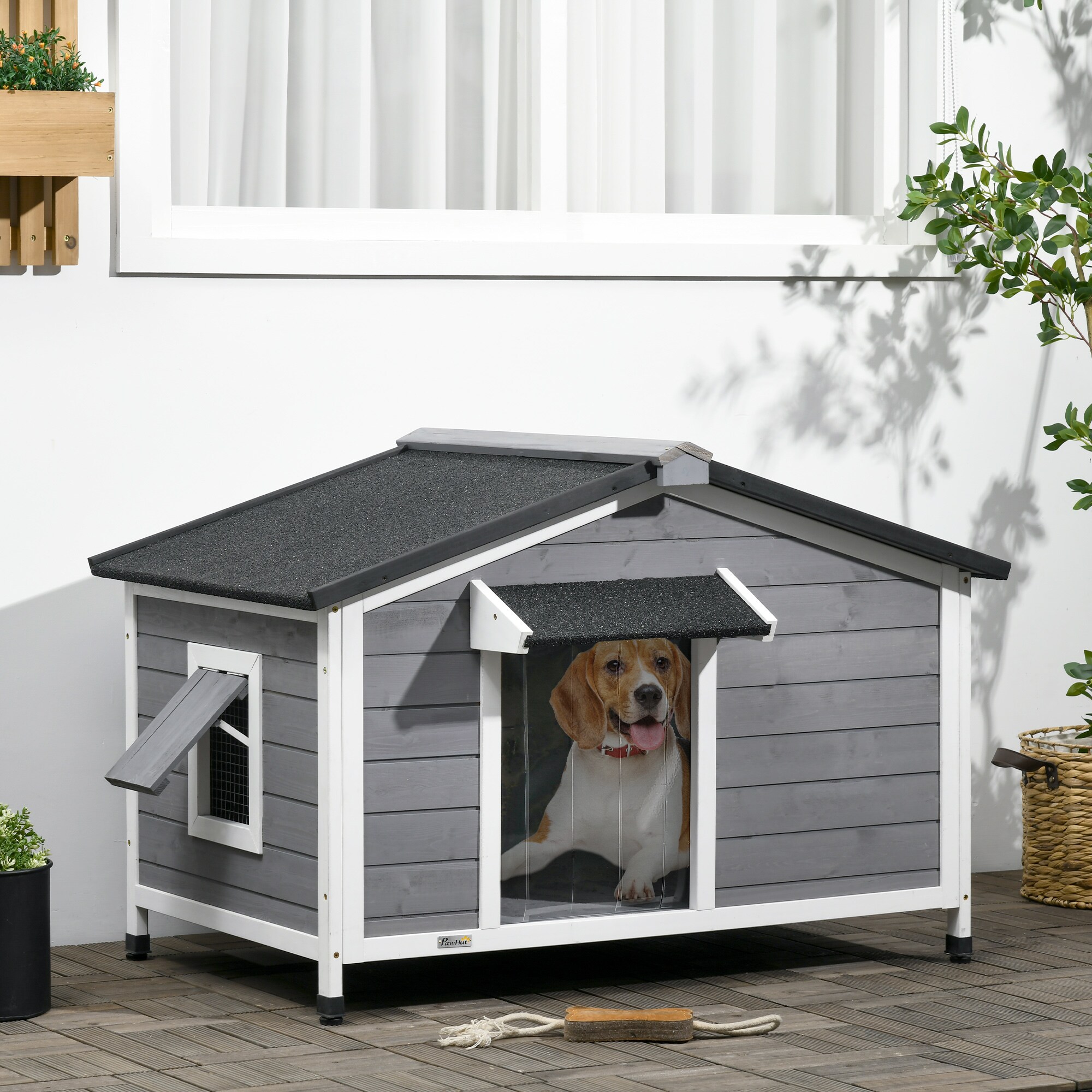 PawHut Hundehütte mit zu öffnendem Asphaltdach grau, weiß 109L x 79B x 72H cm