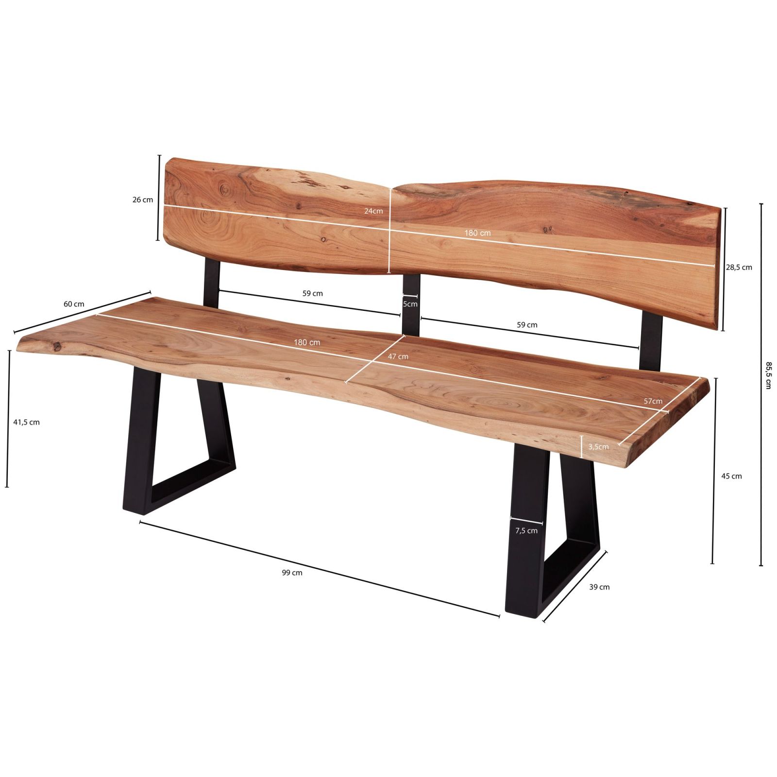 Sitzbank - Akazie-schwarz - Akazie Massivholz - 180 cm
