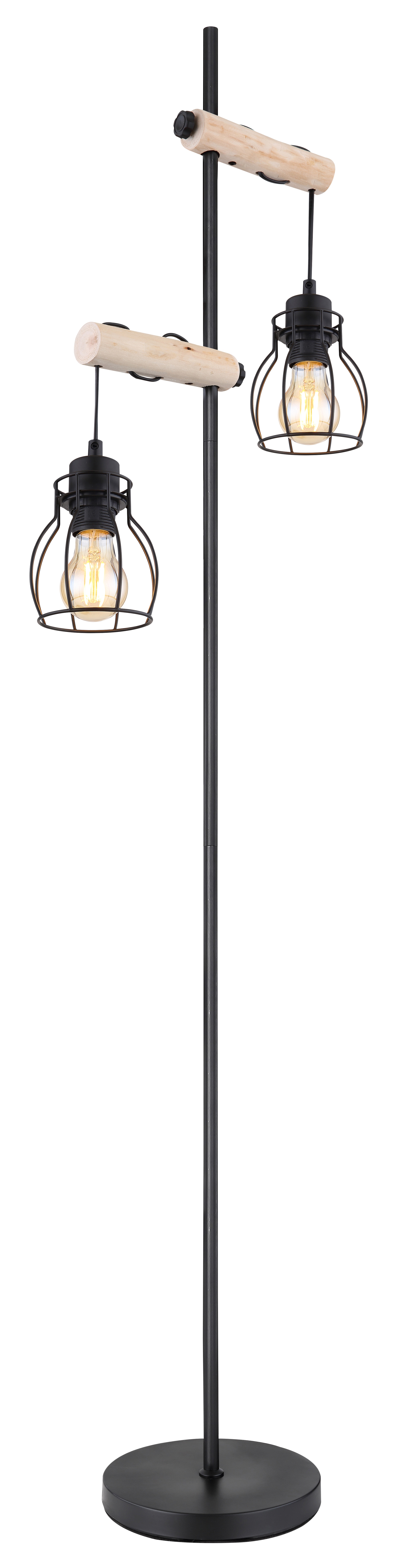 GLOBO Retrofit Stehlampe Mina II 2-flg Schwarz/Naturfarbig 23x38,5cm H.150cm Metall,Holz,Geflecht,Matt,Ein-/Ausschalter inklusive,Schnurschalter,höhenverstellbar,Innen