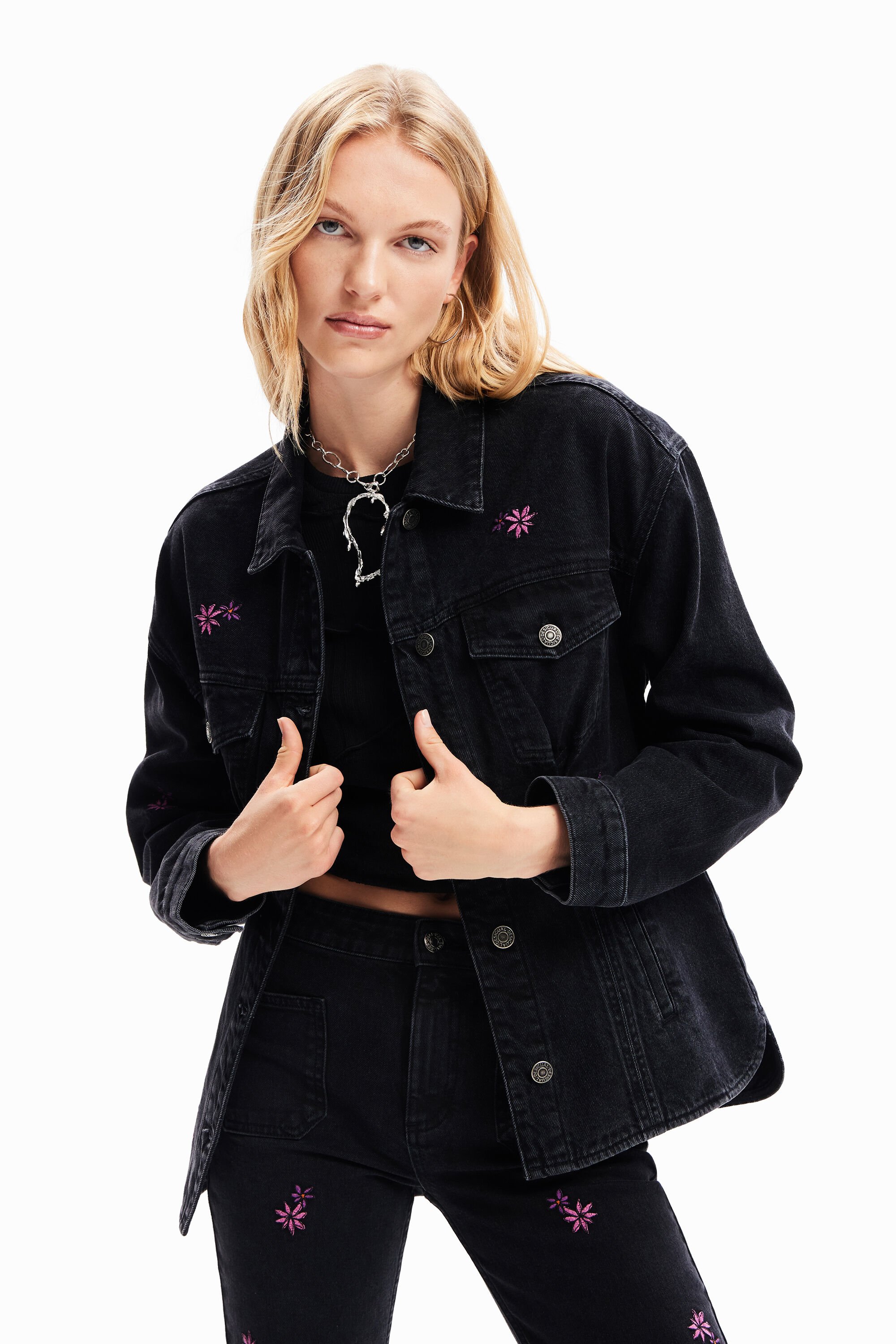 Veste trucker jean fleurs