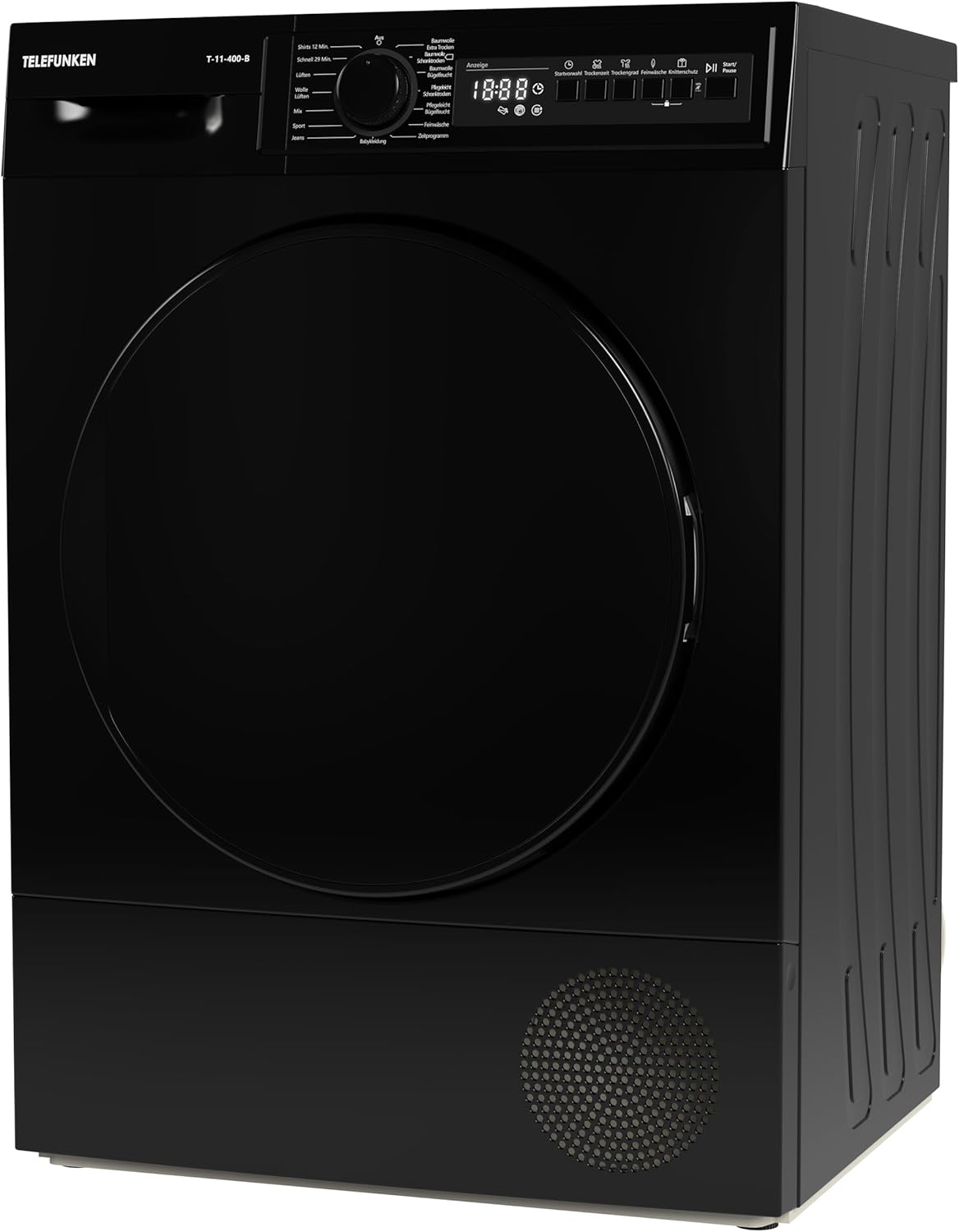 Telefunken T-11-400-B Kondenstrockner / 7kg Trockner mit 15 Programmen, Startzeitvorwahl, Knitterschutz & reversierenden Trommelbewegungen, schwarz