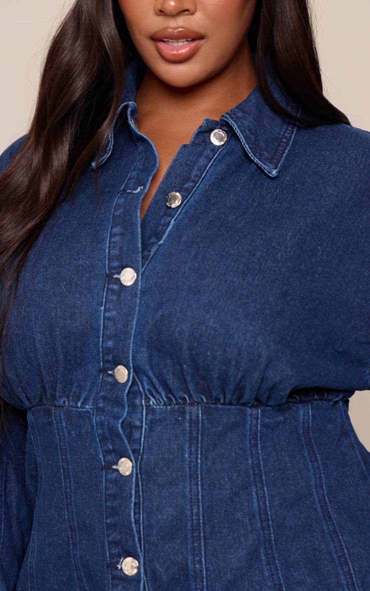 Bleu Indigo Chemise En Denim À Manches Longues Style Tailleur Grande Taille