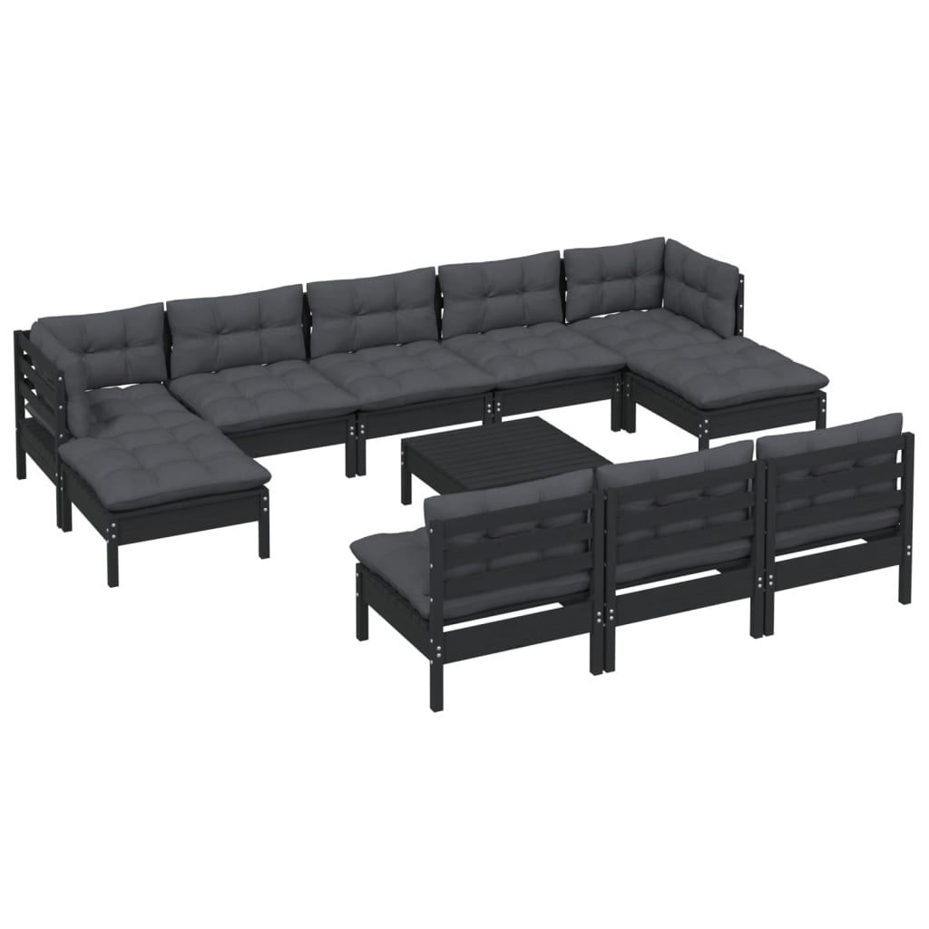 Salon de jardin meuble d'extérieur ensemble de mobilier 11 pièces avec coussins noir bois de pin