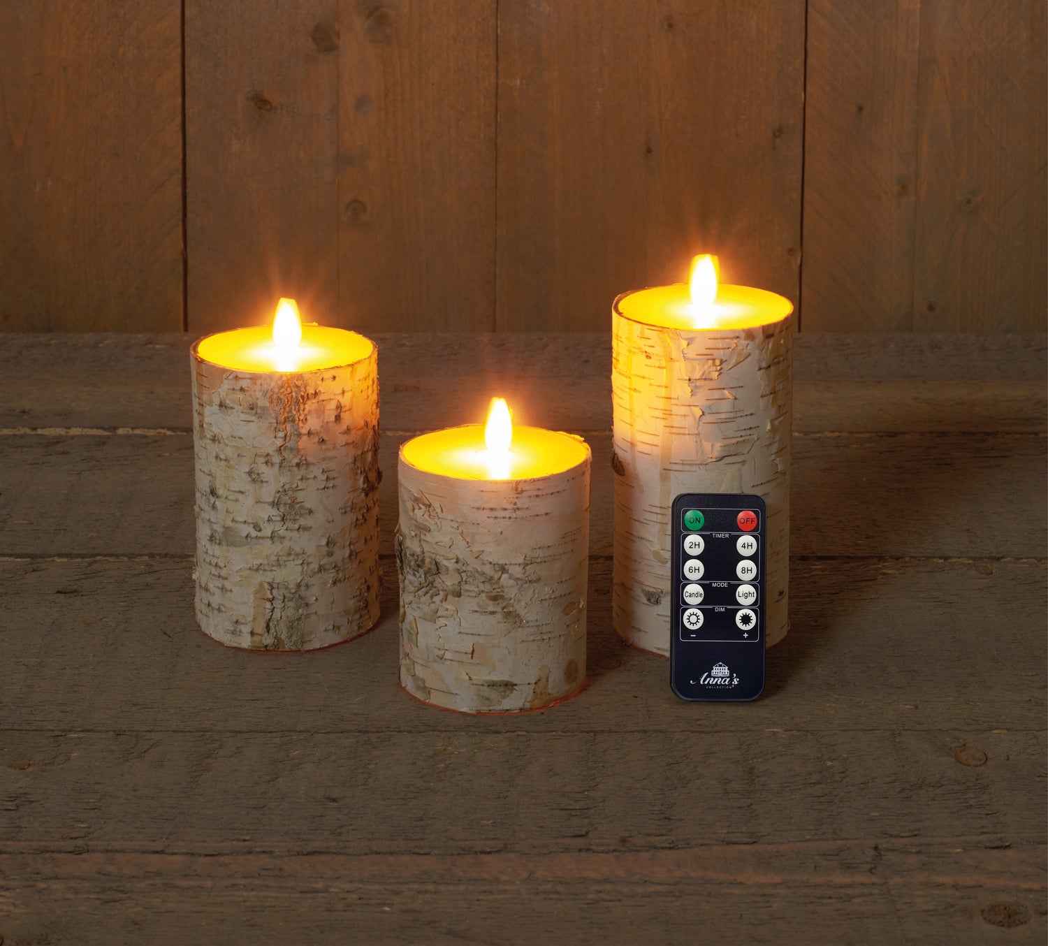 Anna's Collection LED stompkaars berkenhout structuur wit D 7,5 H 10 / 12,5 / 15 cm 3 stuks