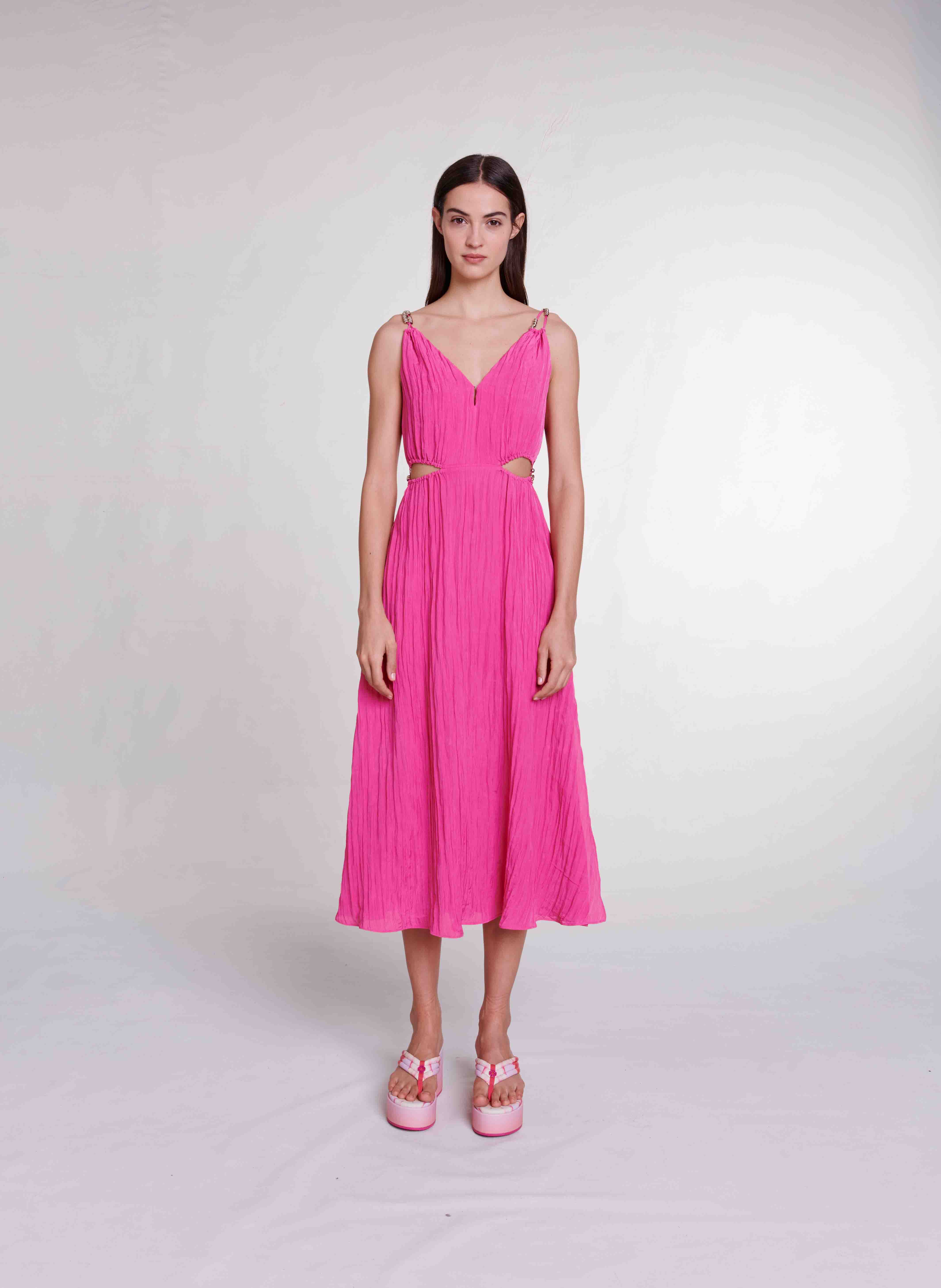 Robe longue droite encolure V | Rose