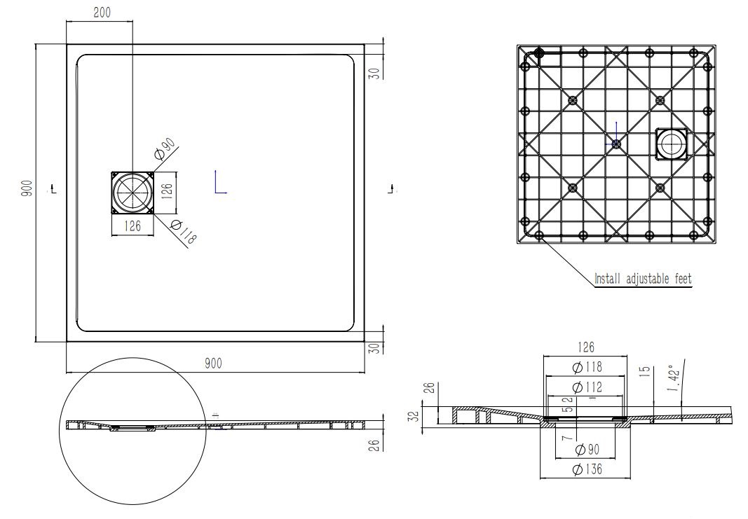 Saniclear Naxos SMC douchebak stone-look 90x90cm grijs mat