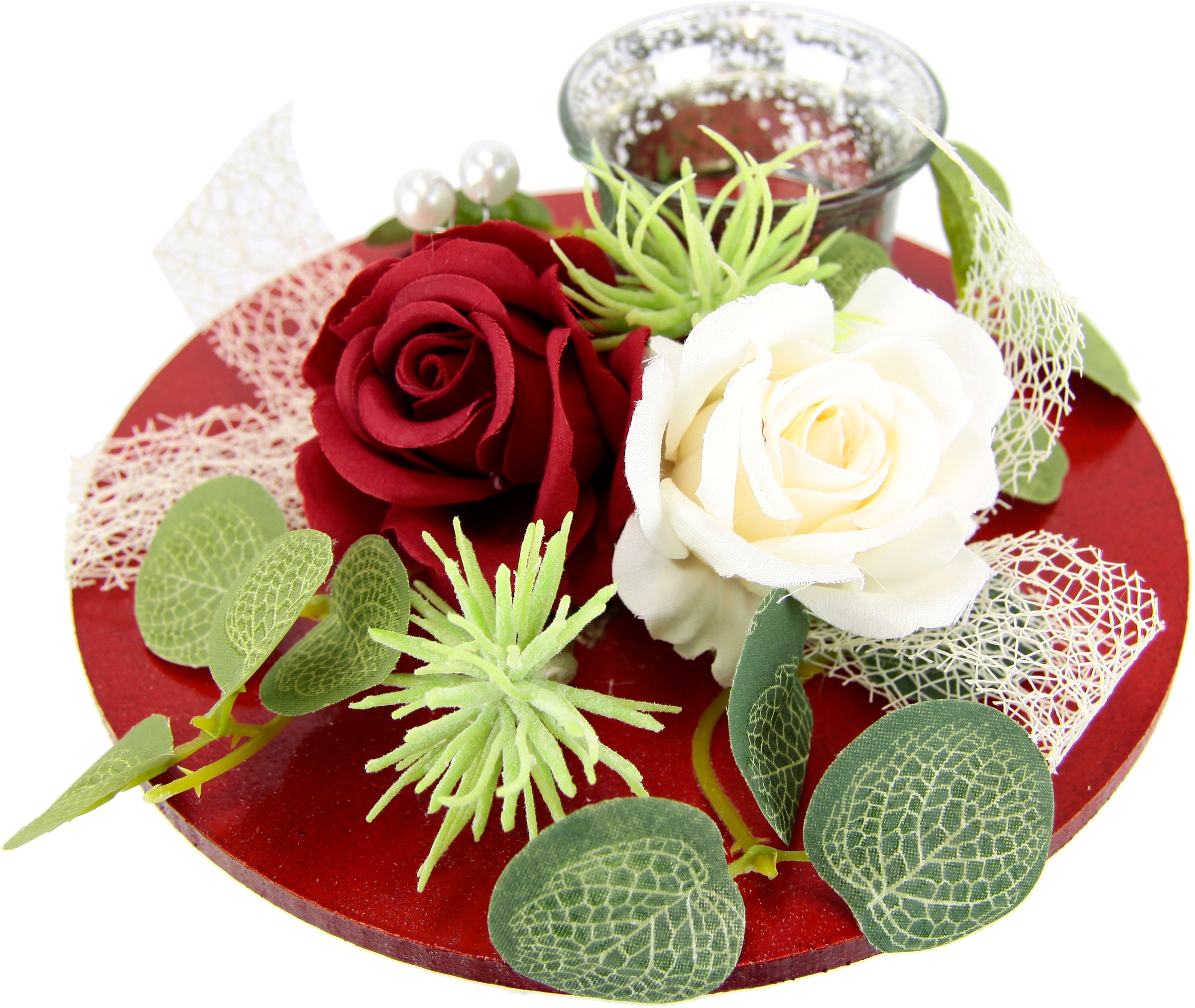 I.GE.A. Teelichthalter »Mit Glaseinsatz und Teelichtkerze, künstlichen Rosen Eukalyptus« Kerzenständer Kerzenhalter Tischdeko Kerzen Muttertag Valentinstag