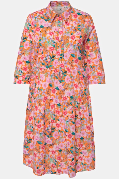 Hemdblusenkleid, Blüten, A-Linie, Hemdkragen, 3/4-Arm