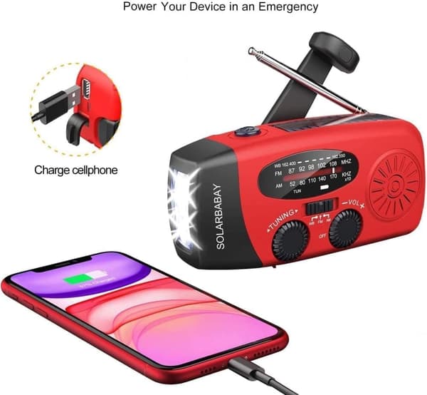 Veivradio med solceller, lommelykt og 2000mAh Powerbank SOS