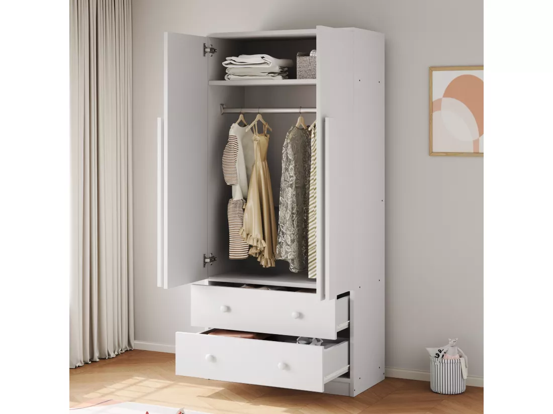 Armoire avec 2 portes et 2 tiroirs - 70 x 40 x 170 cm - Pin + contreplaqué + MDF - Blanc