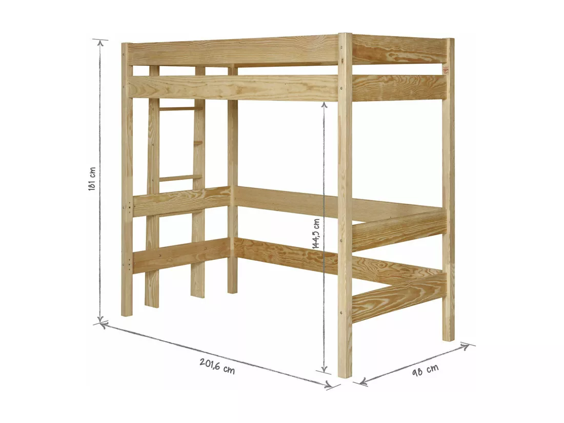 Pack lit mezzanine avec matelas 90x190 cm bois massif bois naturel TINO