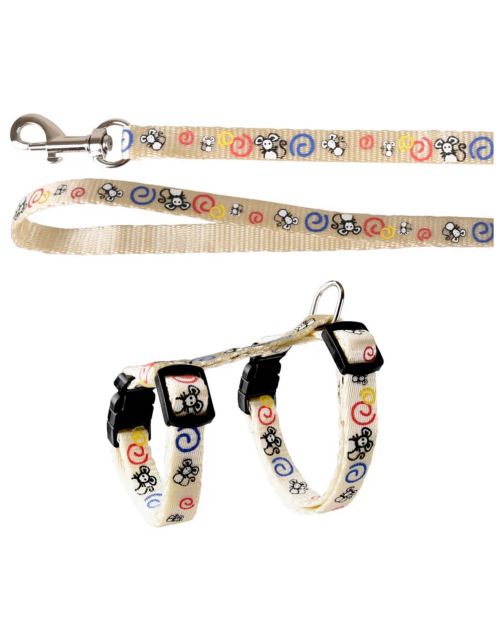 Flamingo Kittenharnas + Lijn Topo Muismotief - Kattentuigje - Wit Print 20-35cm 10mm