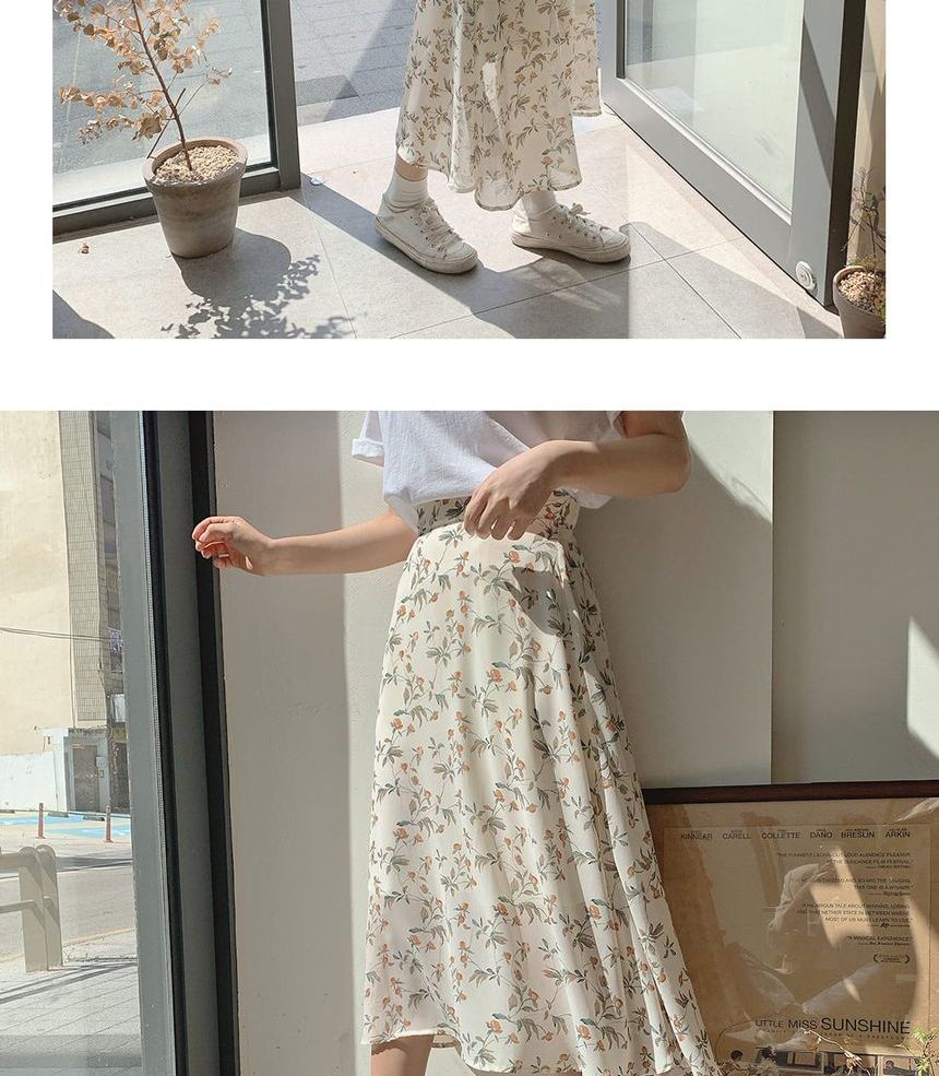 Leoom - Effen T-shirt met korte mouwen / Midi A-lijn rok met bloemenprint