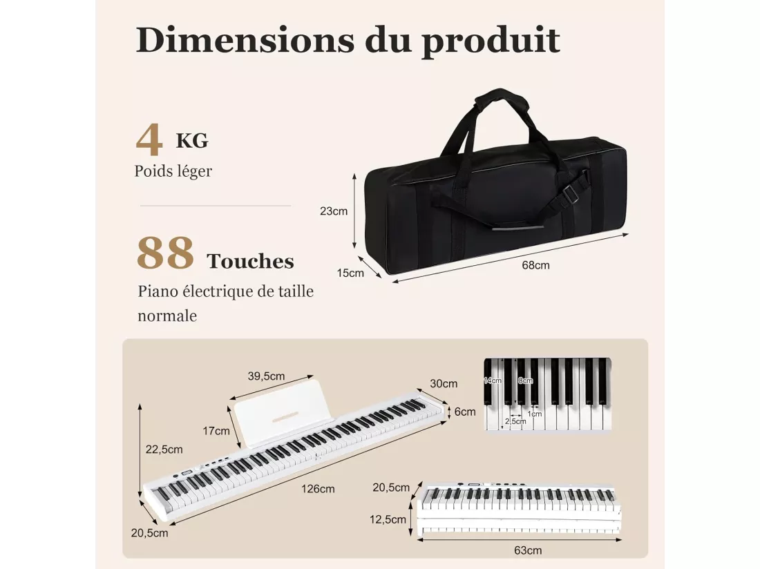 Piano Numérique Pliable à 88 Touches avec Pupitre, 2 Modes d'Apprentissage, MP3/USB/MIDI 126x20,5x6cm, Blanc