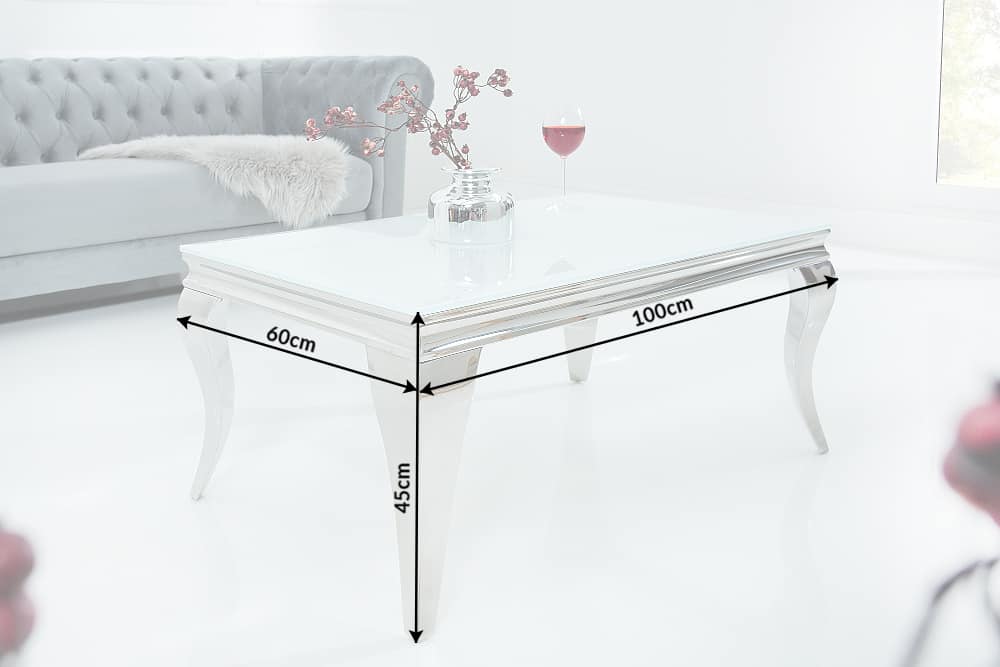 Eleganter Couchtisch MODERN BAROCK 100cm silber mit weißem Opalglas