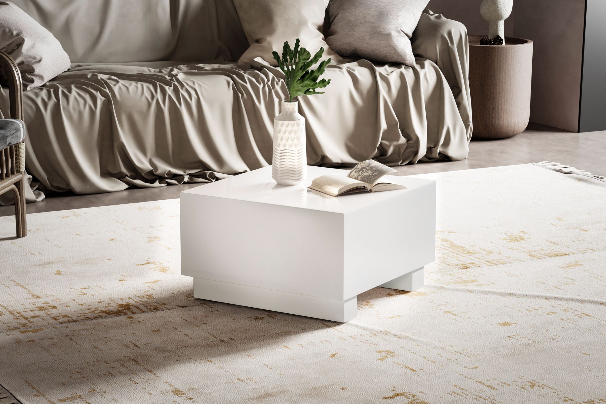 Couchtisch FineBuy Sofatisch MONOBLOC Weiß Hochglanz 60x60 cm Wohnzimmertisch