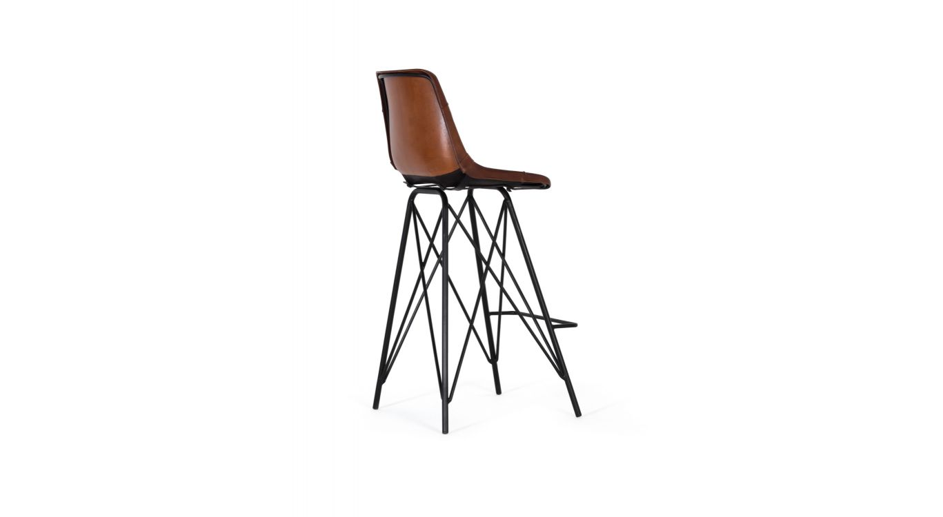 Chaise haute fer, cuir marron 48x48x100cm - fer-cuir