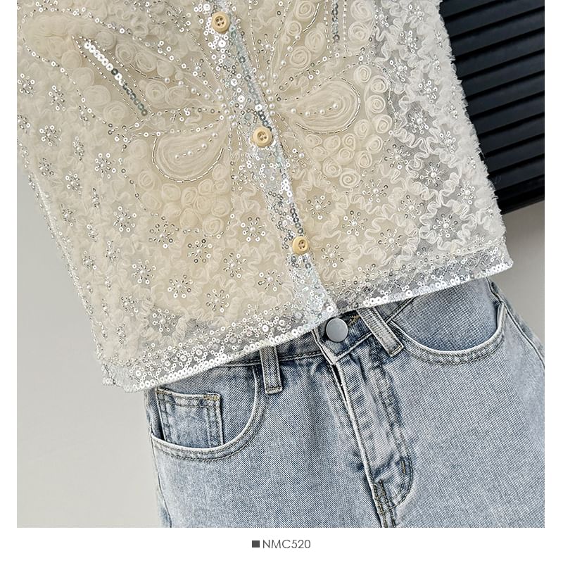 Lemongrass - Mesh vest met pailletten en knoopjes
