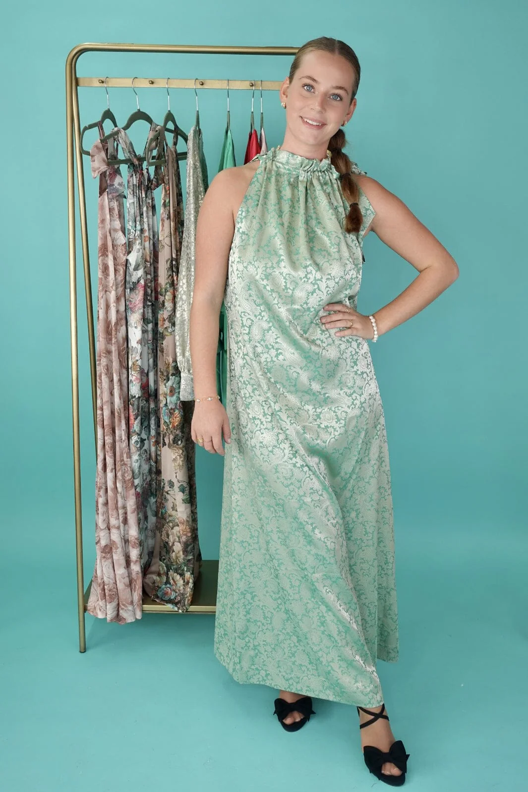 Karmamia Simone Dress emerald gold jacquard