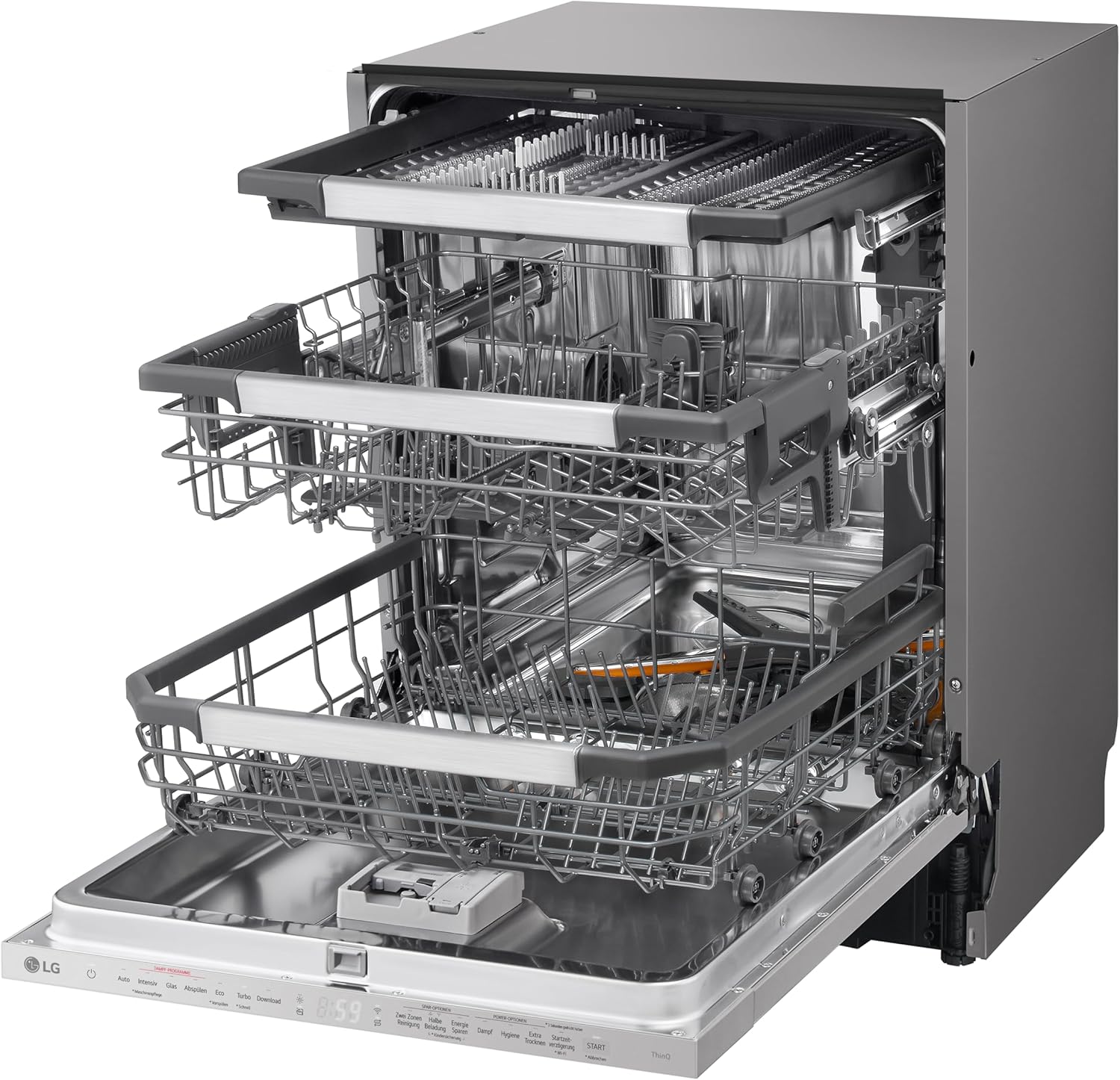 LG DB597TXS, Energieklasse A -20%, vollintegrierbarer Geschirrspüler, Spülmaschine mit Besteckschublade, automatische Türöffnung bei Trocknung, Dampfreinigung, besonders leise, Silber