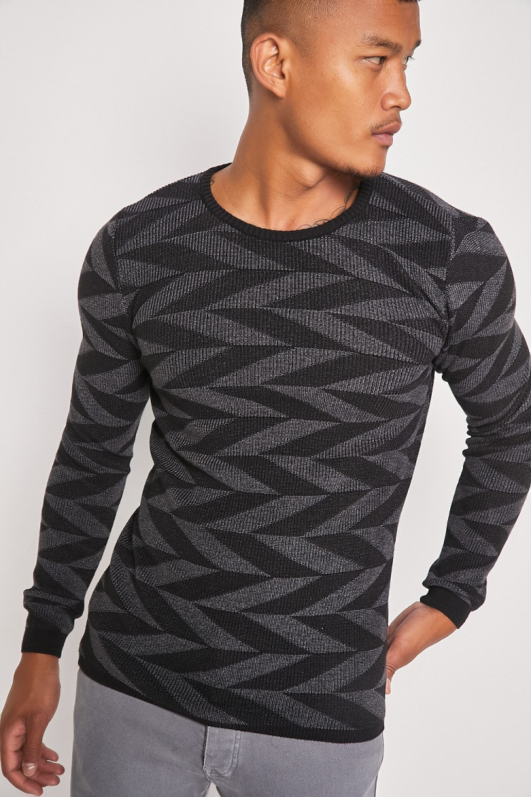 Pull noir/gris foncé avec imprimé géométrique