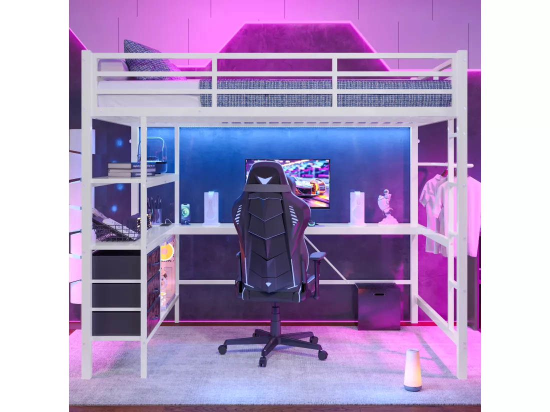 Lit mezzanine 140x200cm avec LED et prises - bureau avec 3 tiroirs et étagère - Blanc