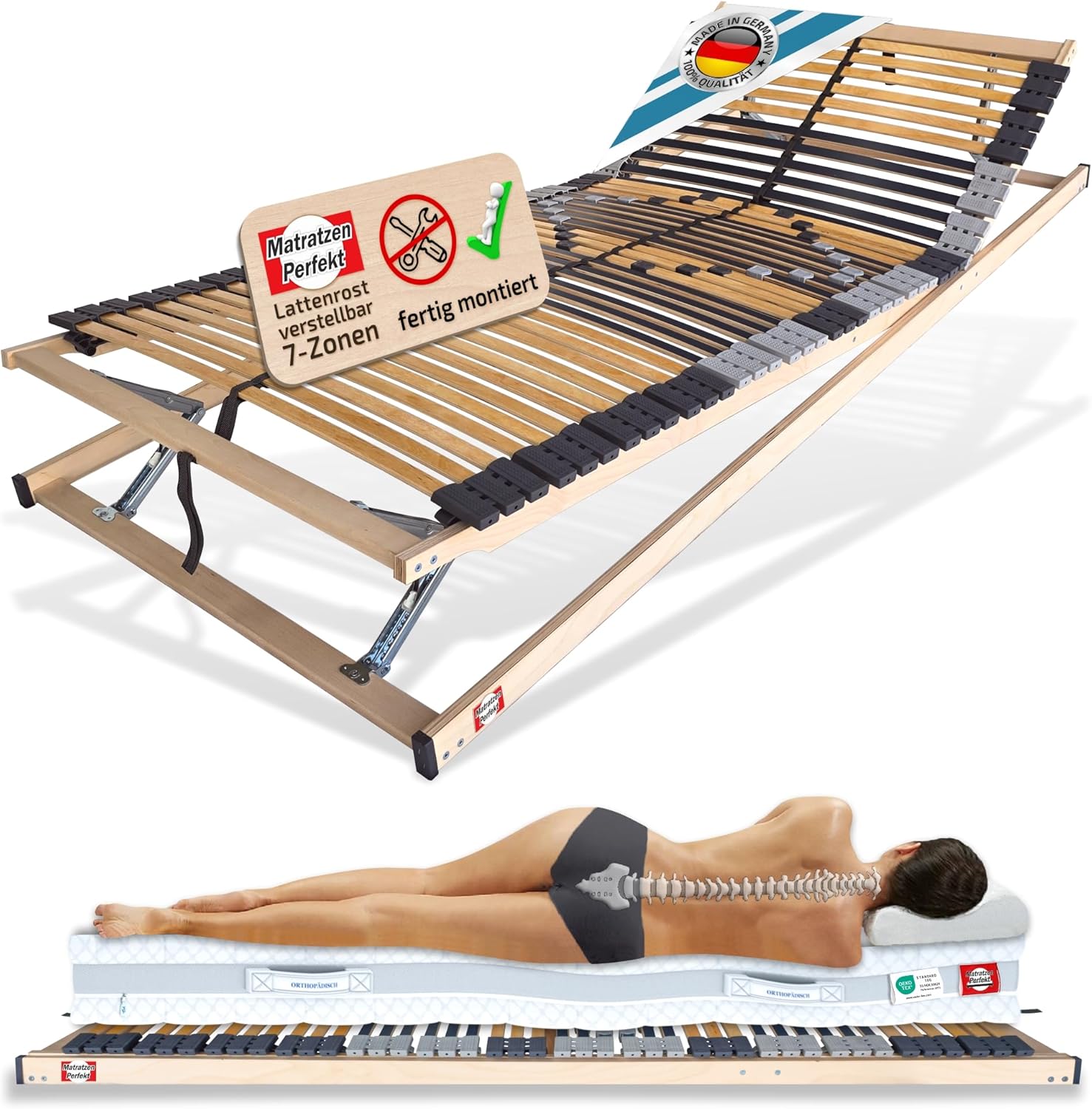 Matratzen Perfekt 7-Zonen Lattenrost 90x200 cm 42 Leisten 8,5 cm hoch Härtegrad-Regulierun bis 200 kg belastbar manuell verstellbar Made in Germany
