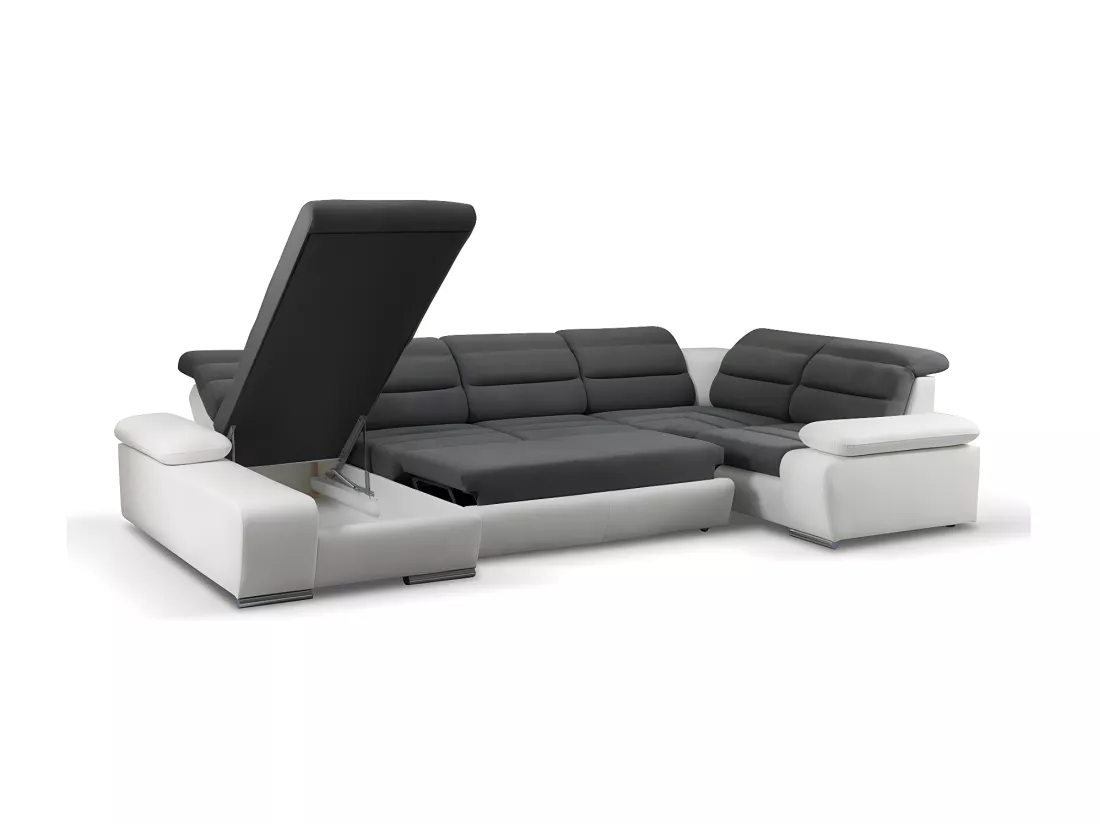 Canapé d'angle panoramique convertible en tissu et simili BOILEAU - Bicolore Gris/Blanc - Angle gauche