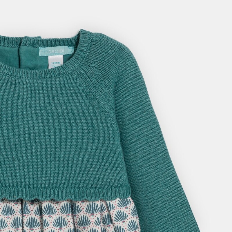 Robe bi-matière maille tricot et seersucker vert bébé fille Vert