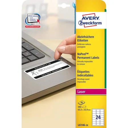 Avery Zweckform L6146-20 Abziehsichere Etiketten, 63,5 x 33,9 mm, 20 Bogen/480 Etiketten, weiß