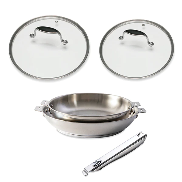 Lot 2 poêles Clips’inox, couvercles en verre et manche amovible