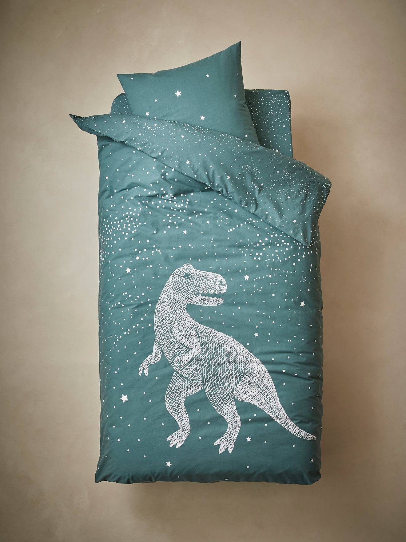 Conjunto de capa de edredom e fronha com detalhes fluorescentes, estampa lisa verde-escura Star T-Rex.