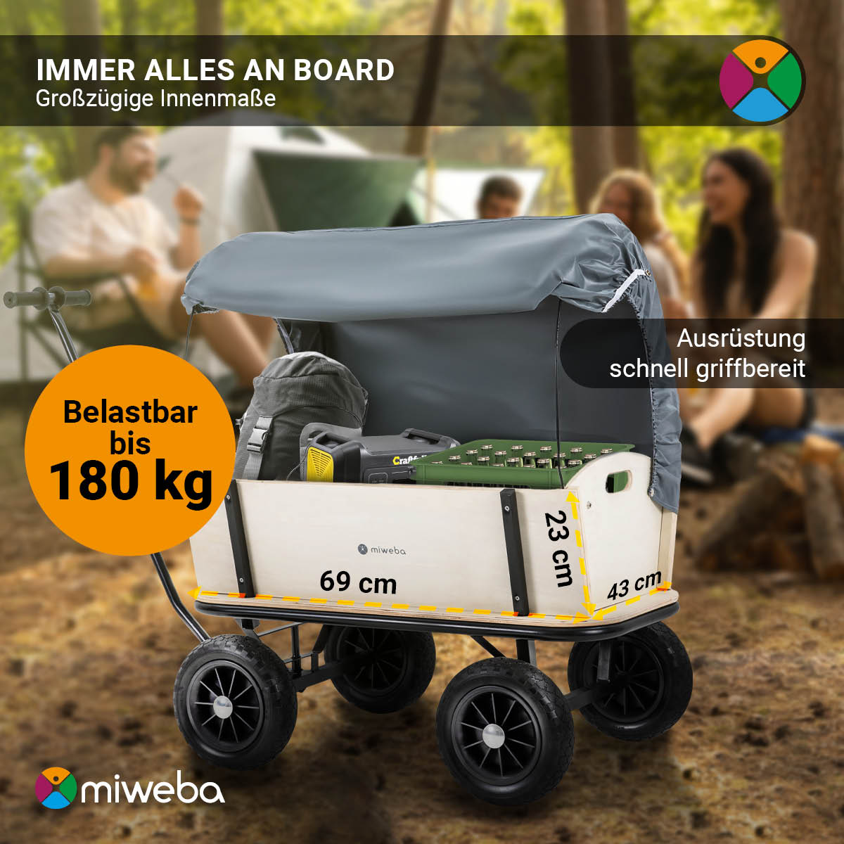 Miweba Holz-Bollerwagen Canvas, mit Dach, deichselgeführte Lenkachse, 180 kg, Profilreifen, Stahl