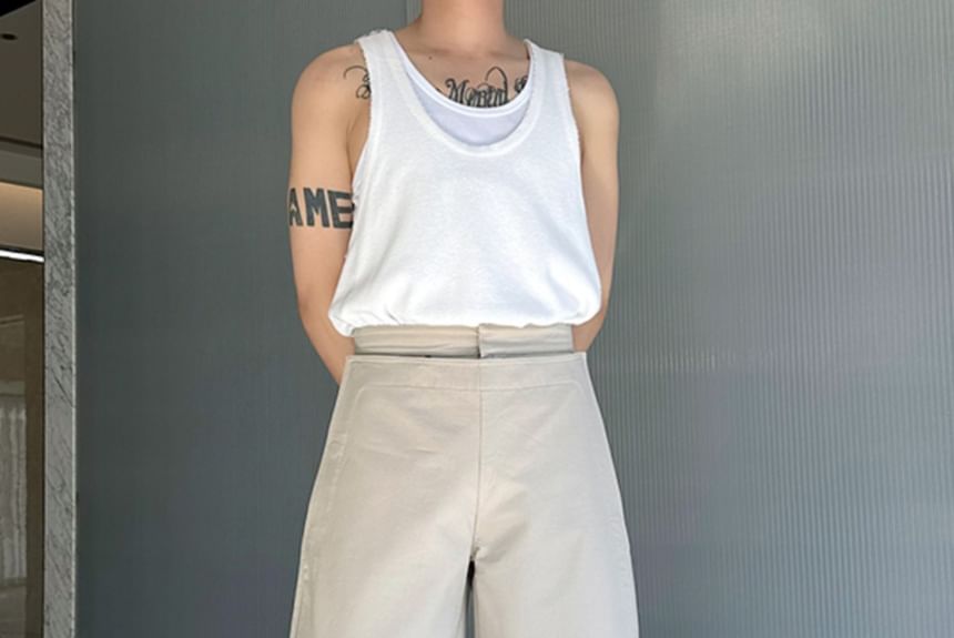 Freehop - High Waist Mock Two-Piece Plain Wide Leg Pants