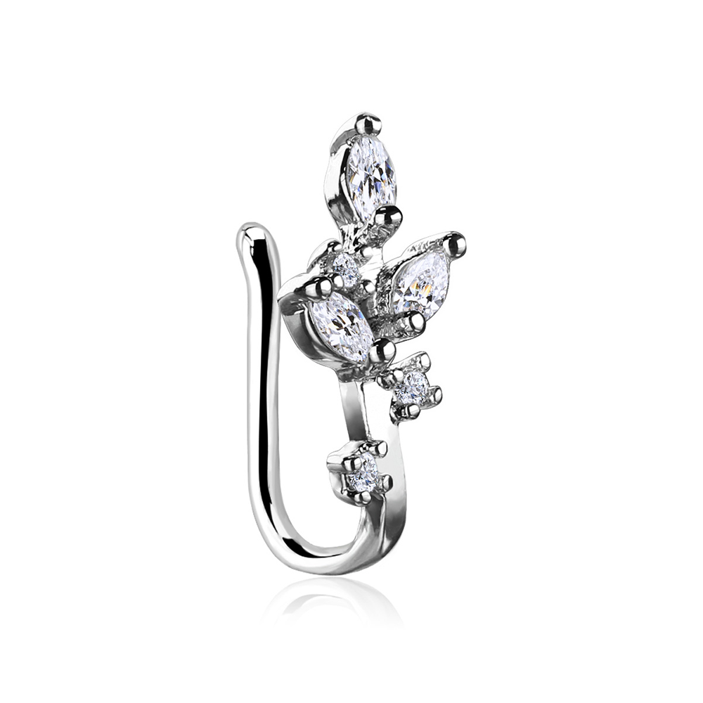 Fake Nostril Falsches Nasenpiercing Blatt mit Strass Steinen - Silber