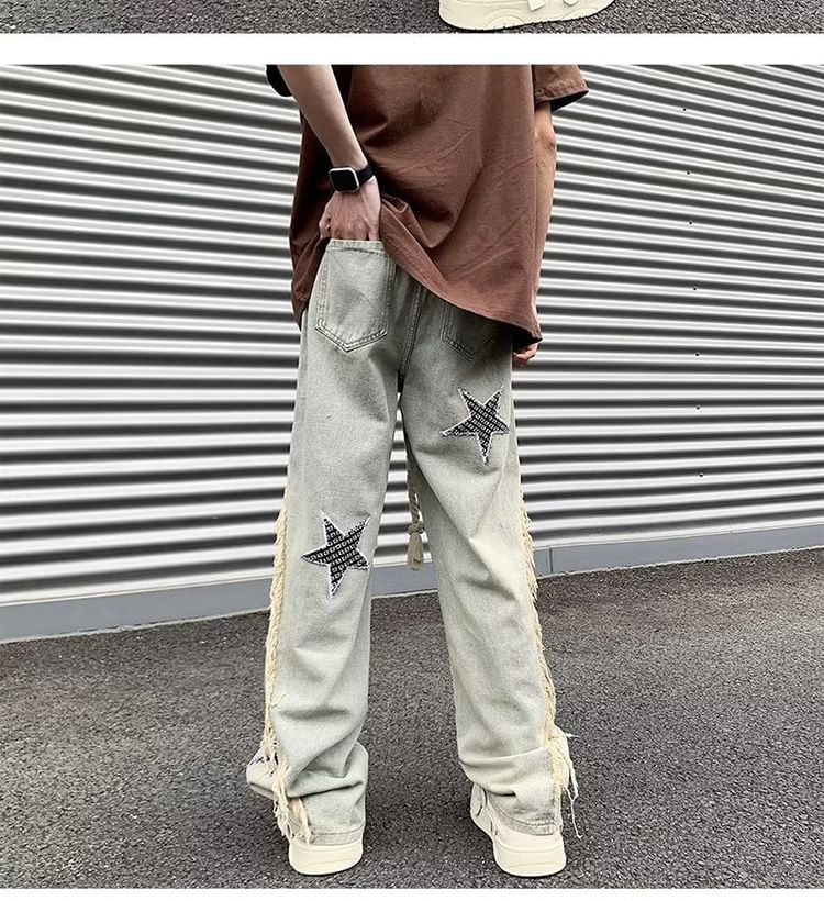 Cowpow - Hoge taille jeans met sterrenapplicatie en wijde pijpen