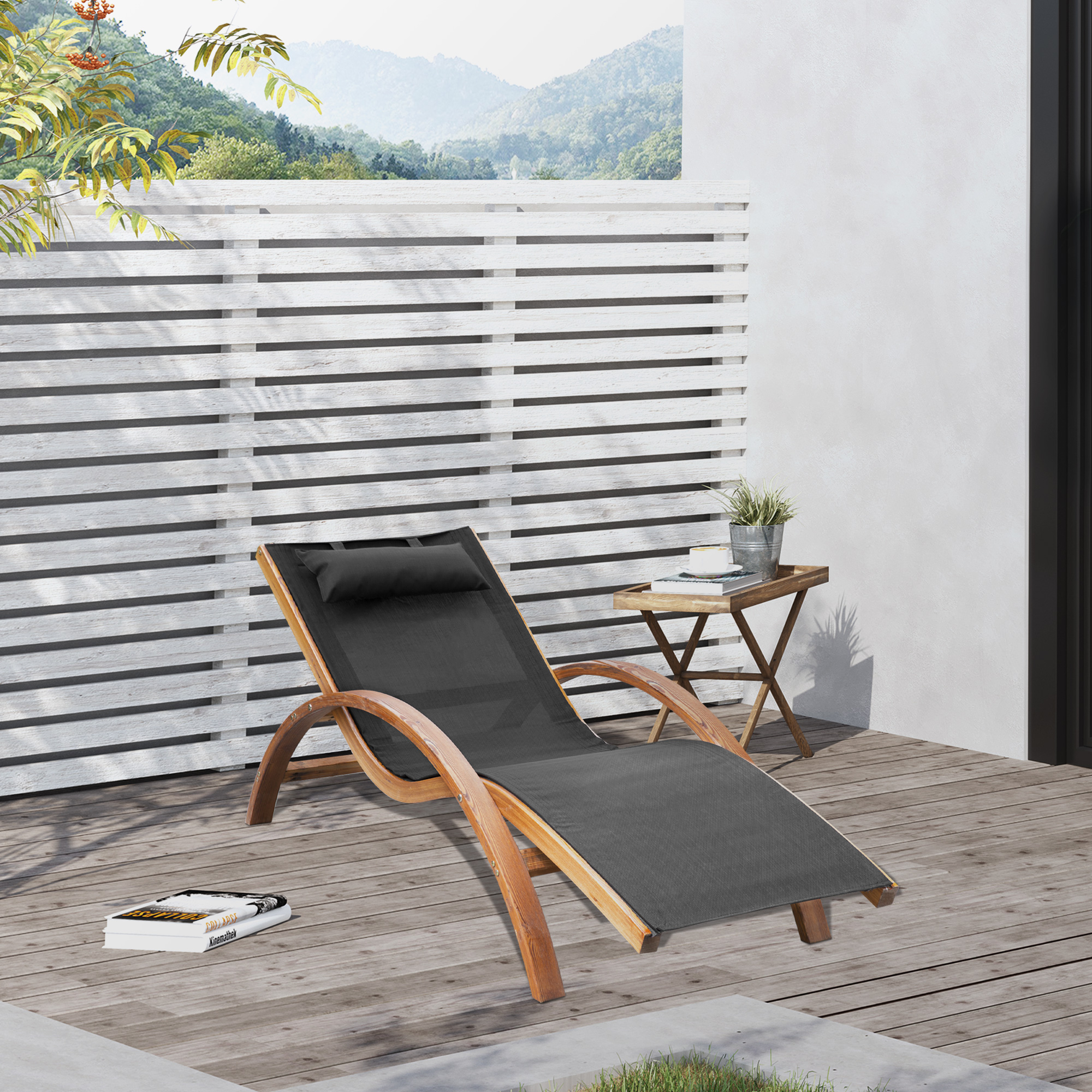 Espreguiçadeira de jardim Outsunny, modelo rede, 161x72x68cm, ideal para jardim, terraço, praia, piscina, pátio ou hotel, em madeira preta.